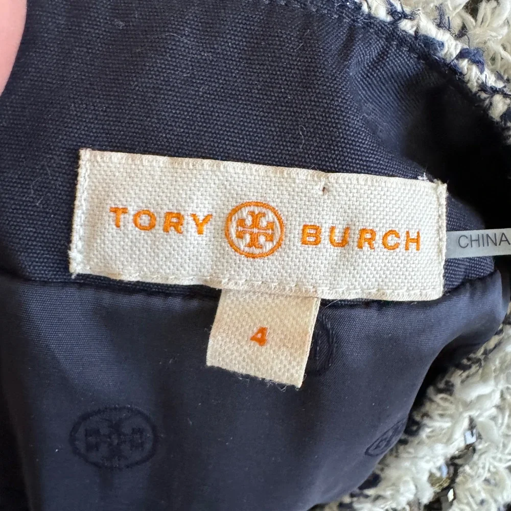 Tory Burch Rosemary Metallic Tweed‎ Dress 4 Jewels Fringe Navy White Old Money